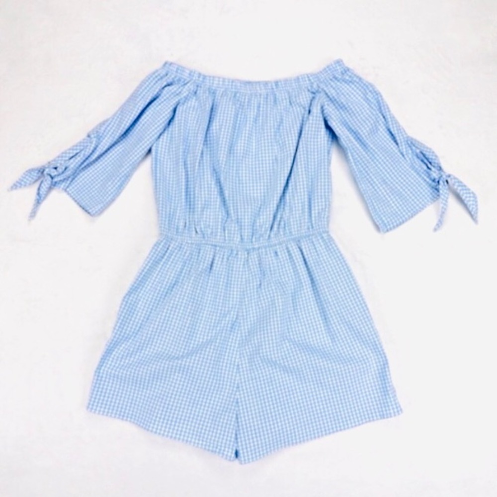love...ady Romper Gingham Off Shoulder Blue Size M - Picture 3 of 9
